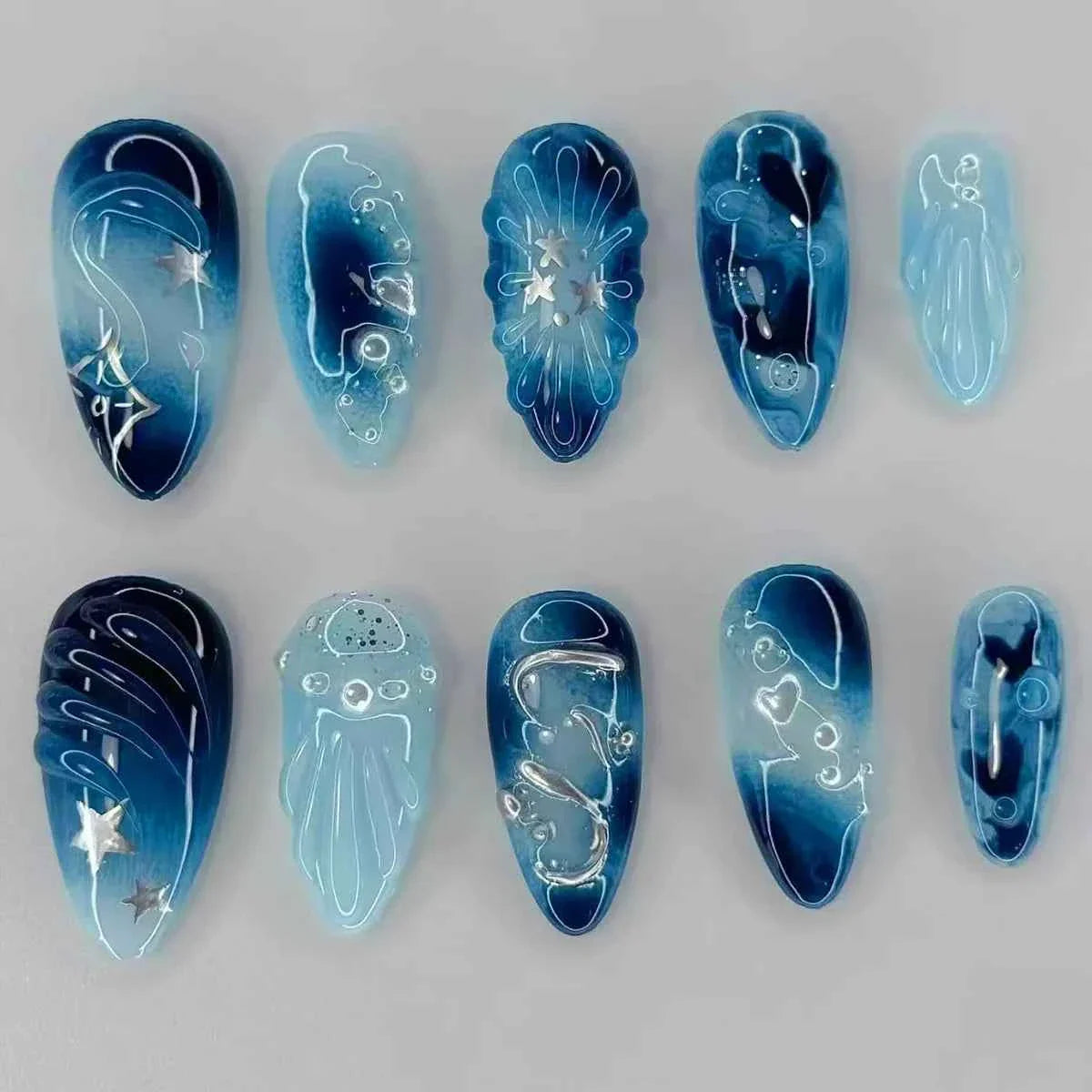 24pc Mid-Length Almond Press On Nails - Blue Smudge Full Cover Set