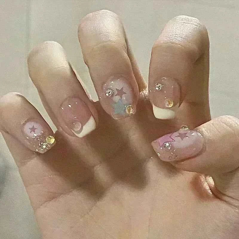 24pc Short Square Coffin Press On Nails - Glitter Diamond Blush Pink Cat Eye