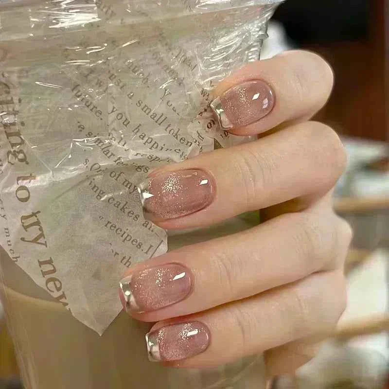 24pc Short Square Coffin Press On Nails - Glitter Diamond Blush Pink Cat Eye