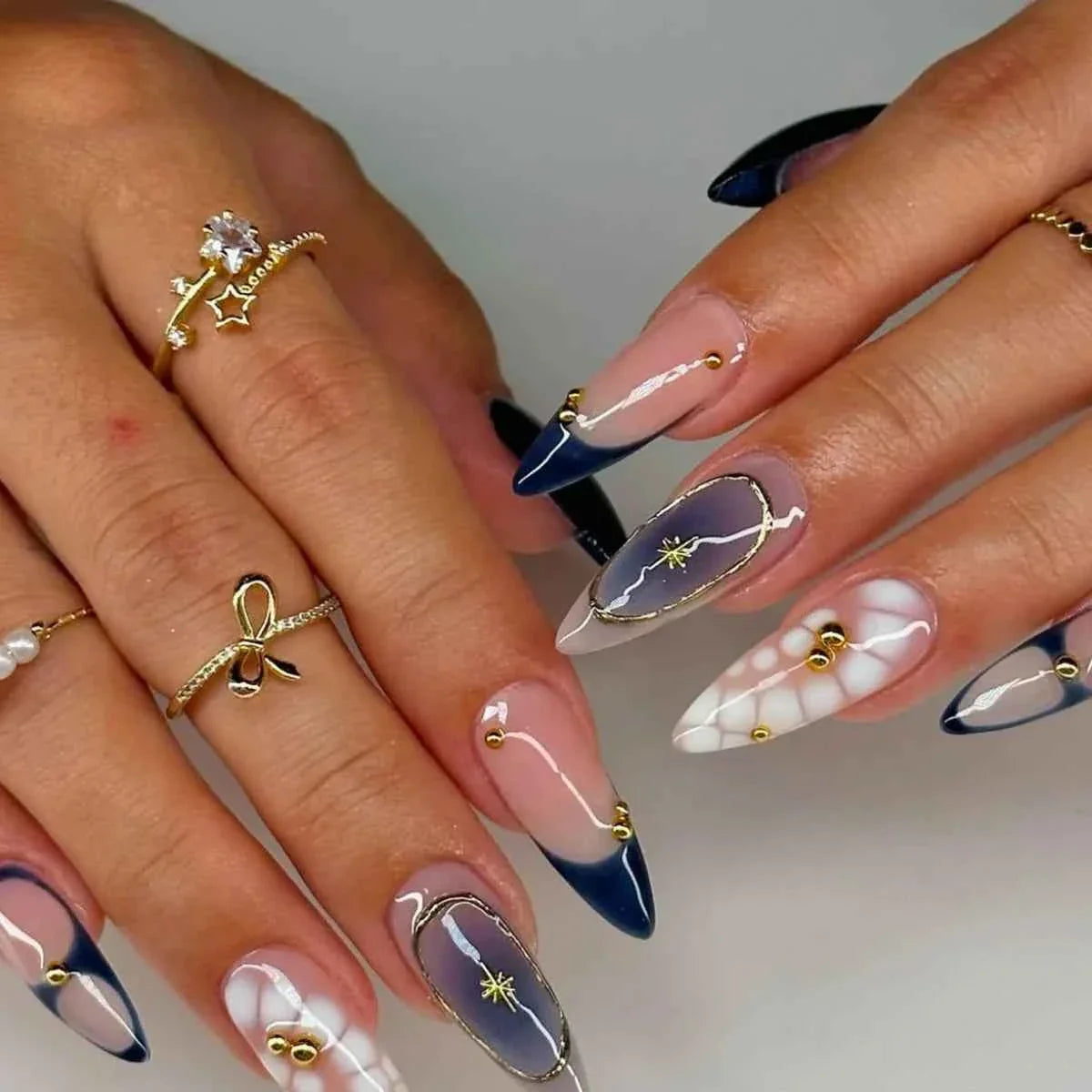 24pc Mid-Length Almond Press On Nails - Blue Smudge Full Cover Set