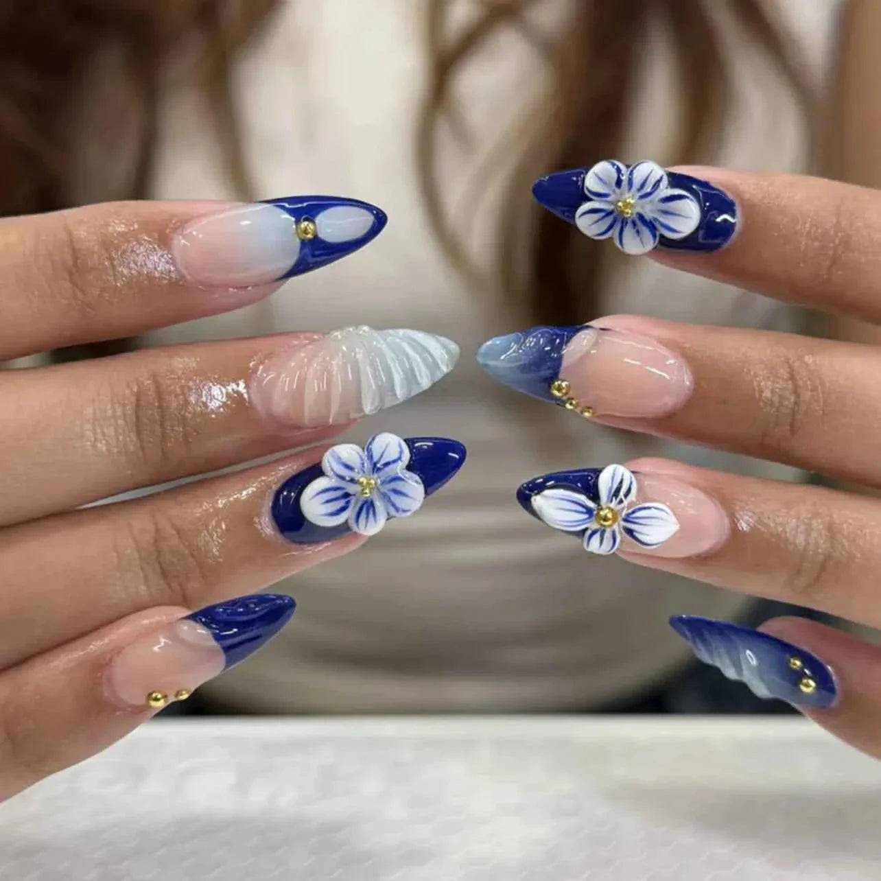 24pc Mid-Length Almond Press On Nails - Blue Smudge Full Cover Set