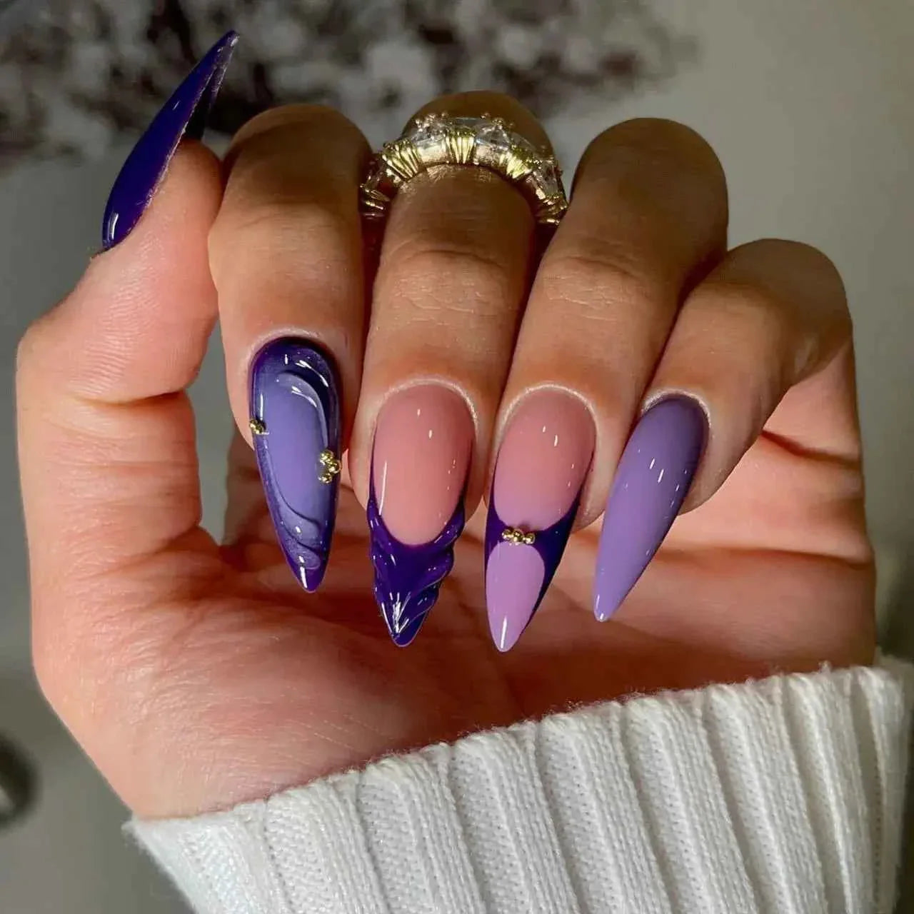 24pc Mid-Length Almond Press On Nails - Blue Smudge Full Cover Set