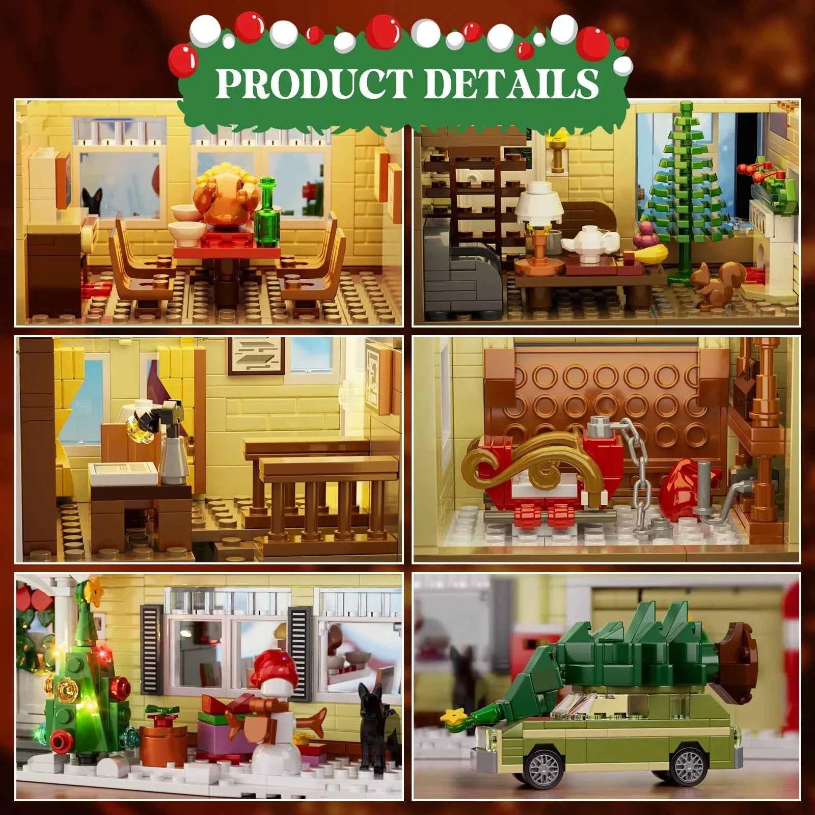 Christmas Holiday Snow Village House Building Set (1484 pcs) w/Clark's Car & Lights