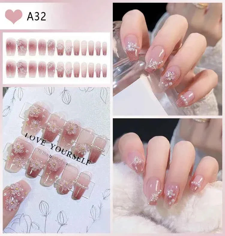24pc Short Square French Press On Nails - White & Pink Flower Design