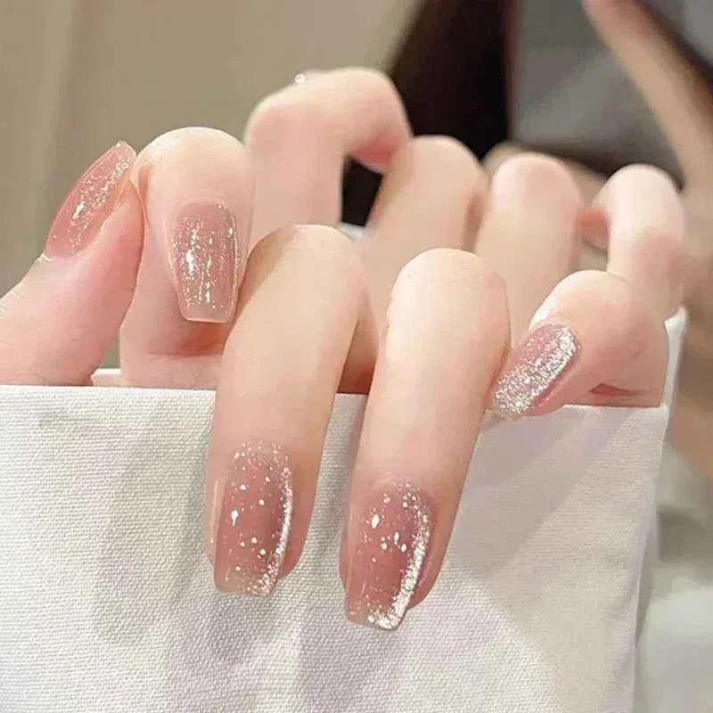 24pc Short Square Coffin Press On Nails - Glitter Diamond Blush Pink Cat Eye