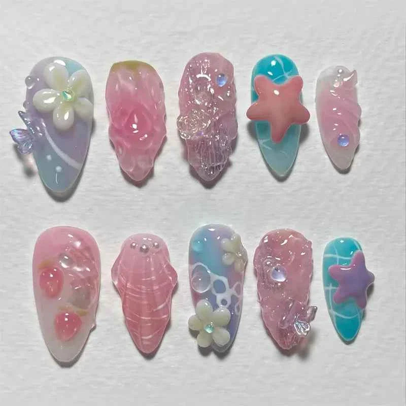 24pc Mid-Length Almond Press On Nails - Blue Smudge Full Cover Set