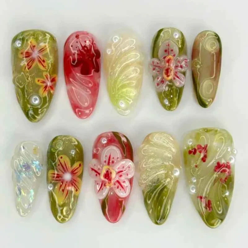 24pc Mid-Length Almond Press On Nails - Blue Smudge Full Cover Set