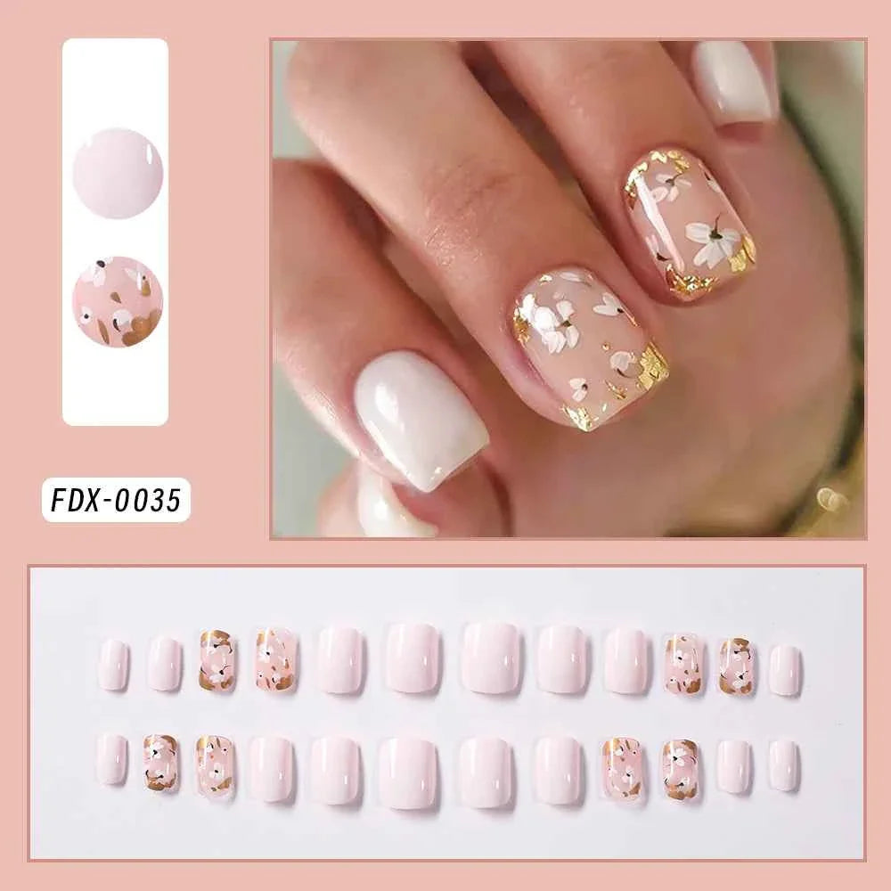 24pc Short Square French Press On Nails - White & Pink Flower Design