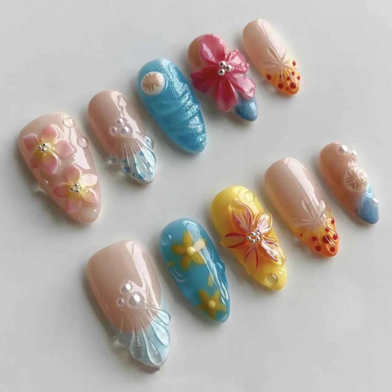 24pc Mid-Length Almond Press On Nails - Blue Smudge Full Cover Set