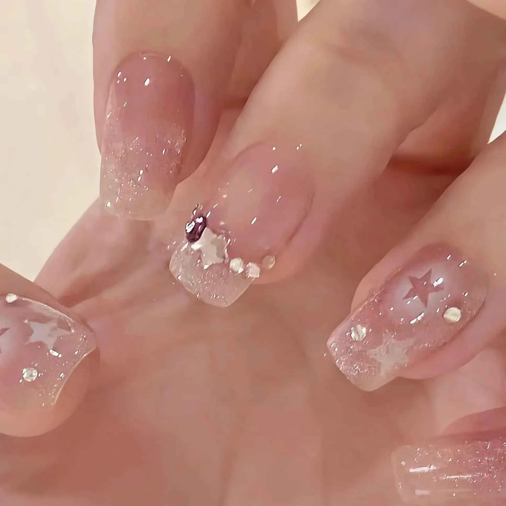 24pc Short Square Coffin Press On Nails - Glitter Diamond Blush Pink Cat Eye